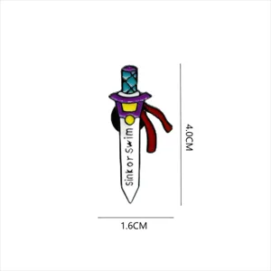 Detailed view of a stylish metal enamel brooch sword pin with English text, compact size.