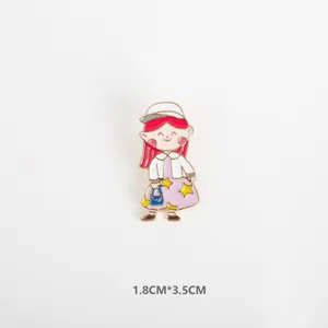 Detailed close-up of cute cartoon girl enamel pin alloy brooch badge for clothes and bags accessories.