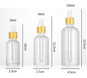 Detailed dimensions of 30ml, 50ml, and 100ml clear glass dropper bottles for serums