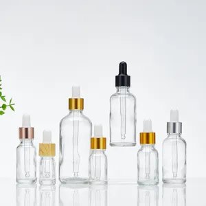 Clear glass dropper bottles for essential oil and cosmetic serum packaging