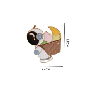 Detailed shot of cute cartoon astronaut enamel pin, featuring delicate metal craft and colors.