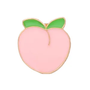 Cute peach enamel pin brooch for backpack clothes decoration, sweet pink fruit badge accessory.