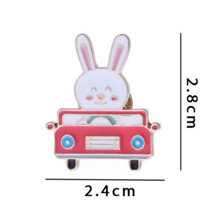 Close-up detail of the cute cartoon rabbit driving a red car enamel pin brooch, compact size.