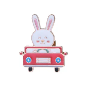 Cute cartoon rabbit driving a red car enamel pin brooch for daily sweet style outfits.