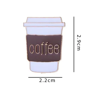 Coffee cup enamel pin detail view, cute metal brooch badge accessory for clothing.
