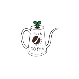 Cute coffee pot enamel pin with sprout and bean design, metal lapel badge for clothing.