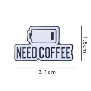 Detailed close-up view of the creative battery shaped coffee enamel pin with clear sizing.