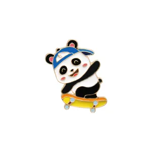 Cute cartoon panda skateboarding enamel brooch alloy badge for clothes bags accessories