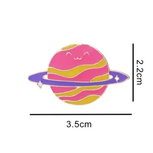 Cute cartoon space planet enamel brooch alloy badge, detailed view of creative cosmic accessory.
