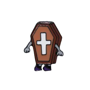 Cute cartoon coffin enamel pin with cross, funny spooky Halloween lapel brooch badge.