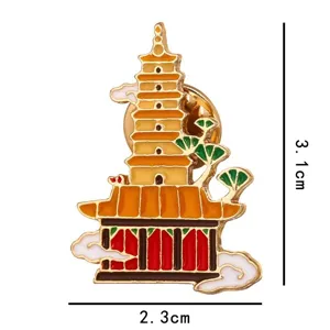 Detail view of the Chinese traditional pagoda enamel brooch pin, showing dimensions and quality craftsmanship.