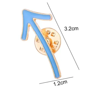 Close-up detail of blue and gold arrow enamel lapel pin showing dimension 3.2cm by 1.2cm.