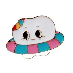 Cute cartoon tooth enamel pin with pink and blue swimming ring, lovely alloy brooch gift.