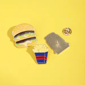 Cartoon fast food burger and fries enamel pin set, cute metal brooch for backpacks.