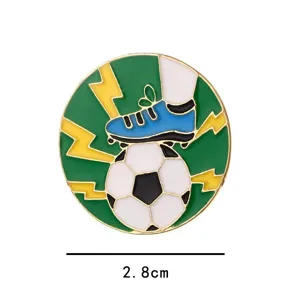 Close-up detail of the football enamel pin showing exquisite colored metal craftsmanship.