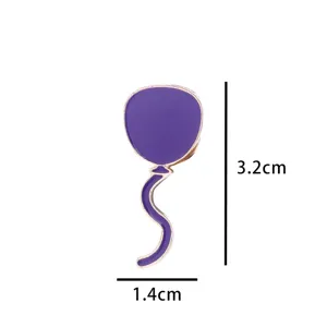 Close-up detail of the purple balloon enamel pin showing dimensions, size 3.2x1.4cm, metal badge.