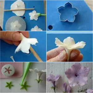 Petunia flower fondant cutter mold detail showing step-by-step sugar flower crafting process.
