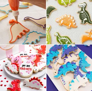 Stainless steel dinosaur cookie cutters set 12 pieces DIY baking tools for kids party.
