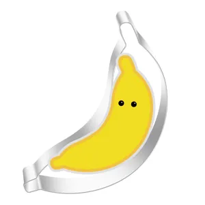 Stainless steel banana cookie cutter detail view, cute fruit shape baking tool with insert card.