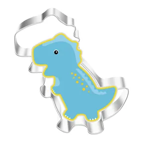 Stainless steel dinosaur cookie cutter detail, safe metal baking tool for DIY kitchen use.