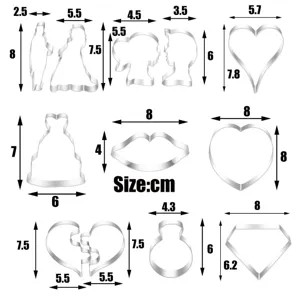 Stainless steel wedding Valentine cookie cutters set size chart detail image for baking.