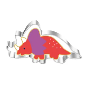 Stainless steel dinosaur cookie cutter for DIY baking, durable metal biscuit mold for kitchen use.