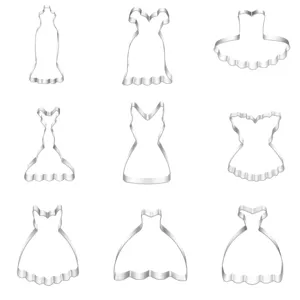 Set of dress shape cookie cutters metal fondant molds baking craft detail view closeup.