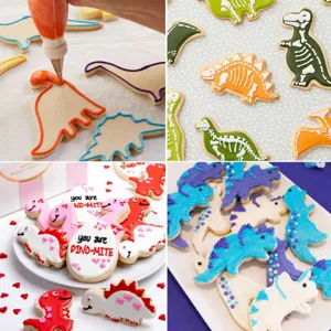 Stainless steel dinosaur cookie cutter set for DIY baking and fun children party food treats.