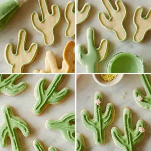 Vista dettagliata di taglia biscotti a cactus con deliziosa glassa verde e decorazioni.