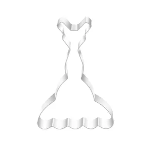 Stainless steel evening dress cookie cutter detail shot, perfect for cake decorating and DIY baking.