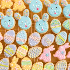 Detailed view of decorated Easter cookies with cute rabbit and egg designs on a wire rack.