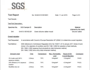 Rapport de test de conformité SGS pour moule en silicone vert, sécurité contact alimentaire.
