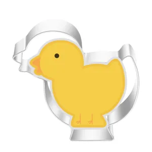 Stainless steel cute duck cookie cutter detail close-up, premium metal baking mold tool.
