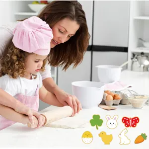Detailed scene showing mother and child baking with festive cookie cutter shapes set.