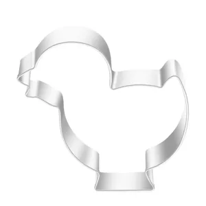 Stainless steel duck cookie cutter detail, smooth edges for easy baking and pastry shaping.