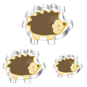 Detailed shot of stainless steel hedgehog cookie cutters showing cute cartoon animal design shape.