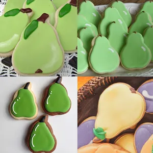 Pear shaped cookie cutter detail image showing decorated iced cookies in vibrant green and yellow.