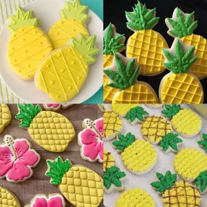 Stainless steel pineapple cookie cutter detail view showcasing beautifully decorated sugar cookies.