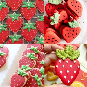 Stainless steel strawberry cookie baking mold detail display, cute fruit shape pastry cutter tool.