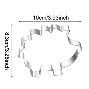 Detail view of the stainless steel hedgehog cookie cutter, showing exact dimensions for baking.
