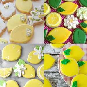 Lemon cookie details, royal icing decoration close up view, fruit shape baking mold showcase.