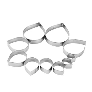 Stainless steel petal cutter detail, precise curves for cake decorating and fondant art.