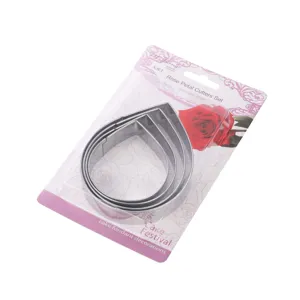 Stainless steel rose petal cake cutter set, fondant mold baking tool for kitchen decor.