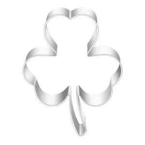 Stainless steel shamrock cookie cutter detail shot, sturdy metal baking mold for festive treats.