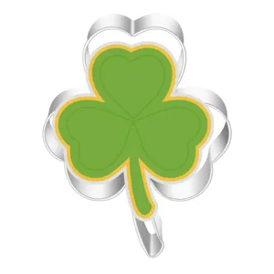 Stainless steel shamrock cookie cutter detail shot, perfect for St. Patrick's Day baking.