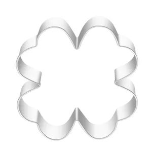 Stainless steel clover cookie cutter detail, professional metal baking mold for pastry.