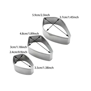 Stainless steel gardenia petal fondant cutter set, baking mold with size dimensions for cake decorating.