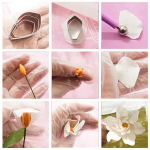 Detailed view of stainless steel gardenia petal cutter and DIY sugar flower shaping tools set.