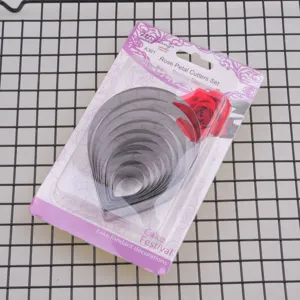 Stainless steel rose petal cake cutter set, fondant mold baking tool for DIY cake decoration.