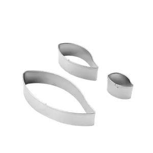 Stainless steel petal cookie cutter set detail view, showing three different sizes of leaf molds.